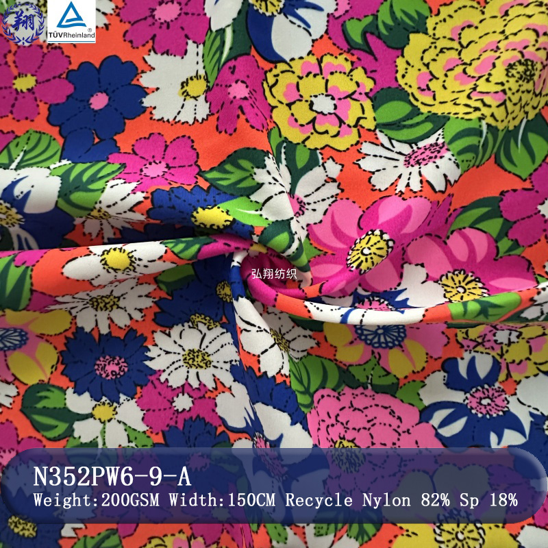 Customized Pattern Recycle Nylon Fabric 200GSM N352PW6-9-A 82% Recycle Nylon 18% Spandex  For Swimwear Underwear Fabric